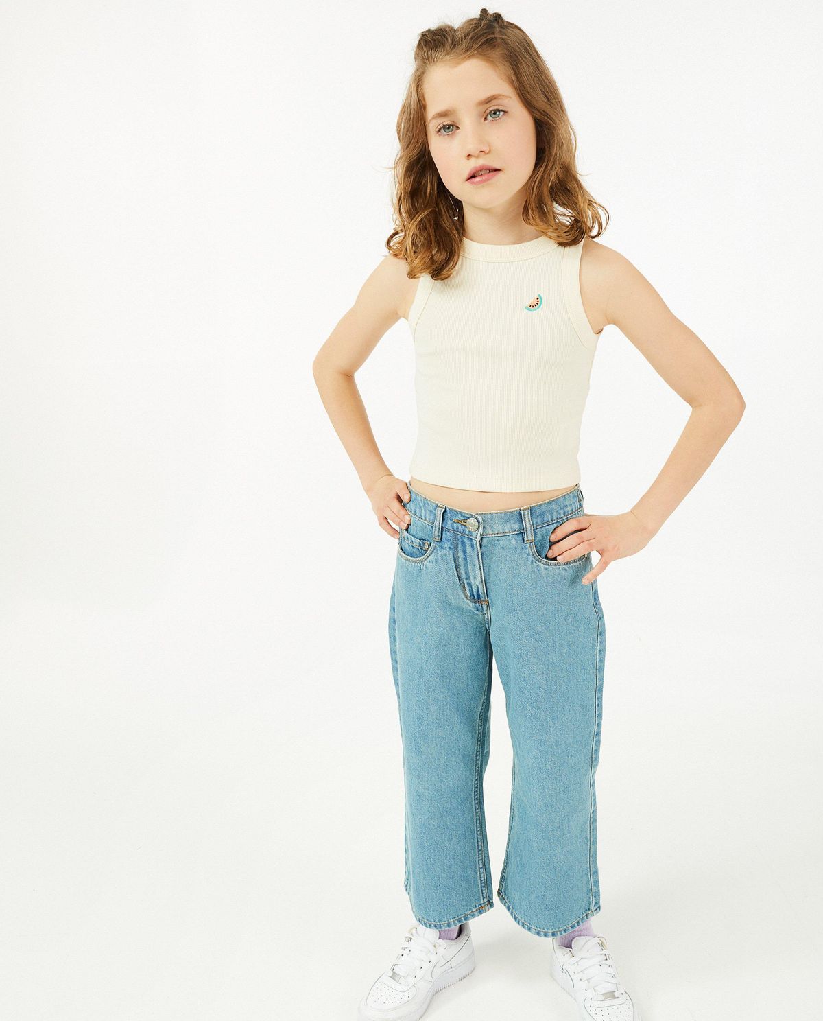 Blauwe jeans, culotte fit