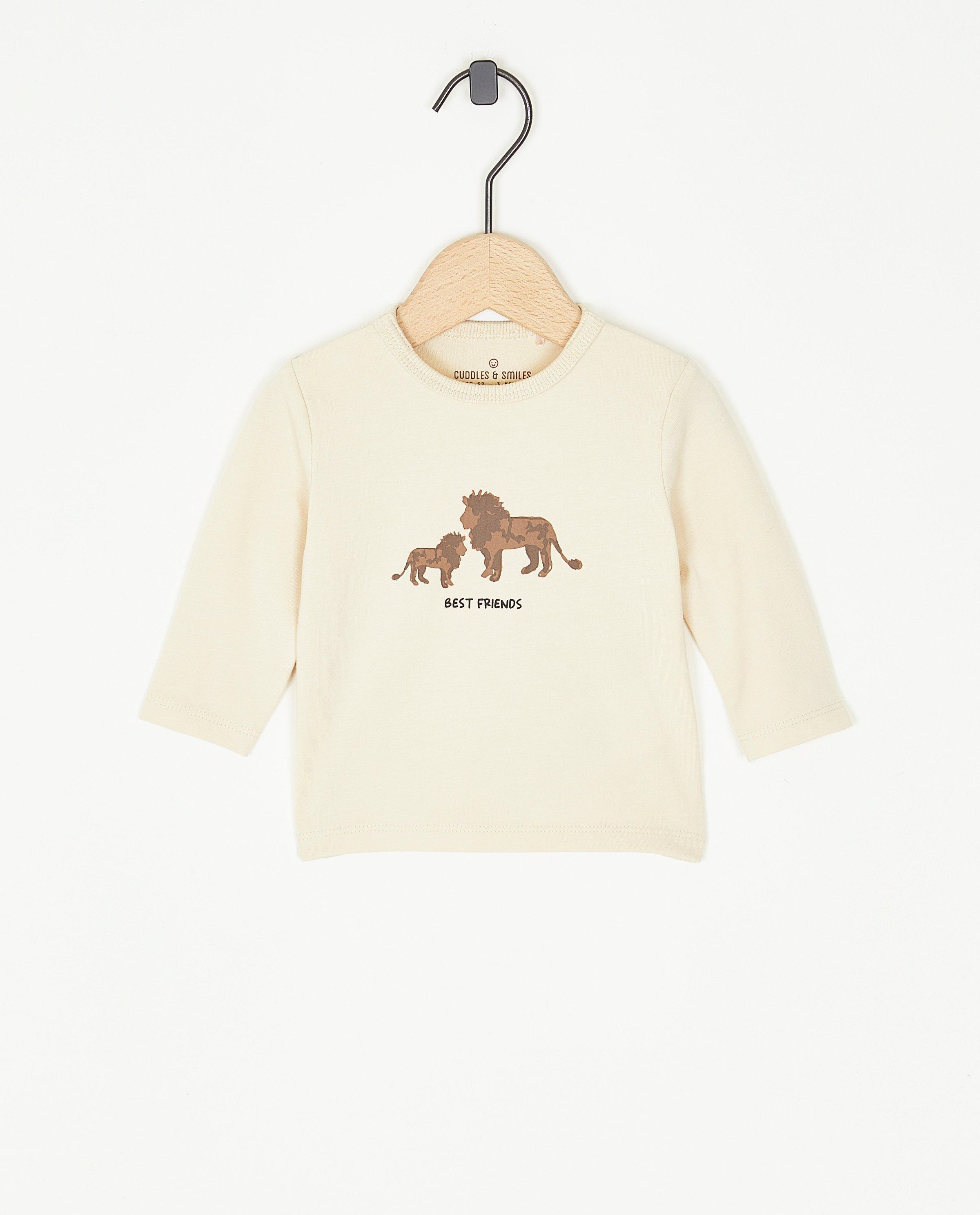 T-shirt beige &agrave; manches longues &agrave; imprim&eacute; de lion - Newborn 50-68