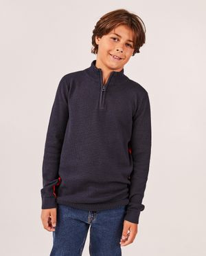 Pulls - Pull bleu fonc&eacute; avec une courte fermeture &agrave; glissi&egrave;re