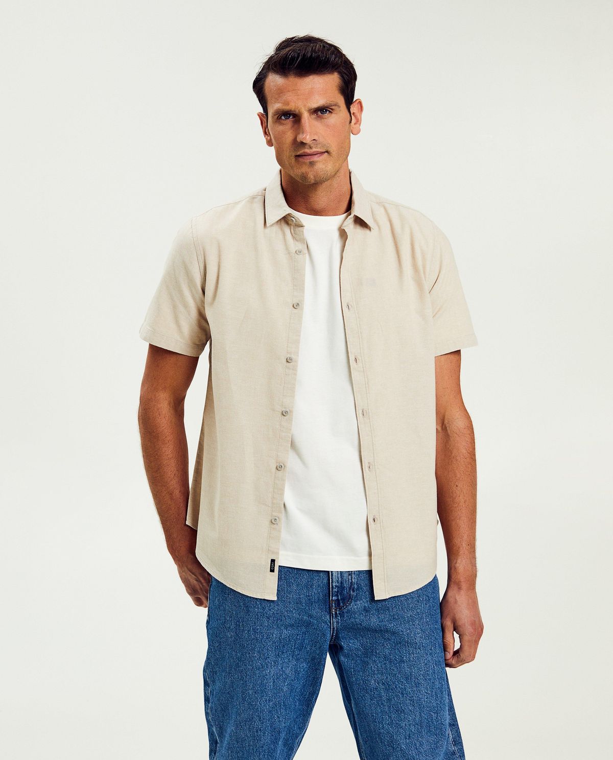 Beige hemd met linnen, slim fit