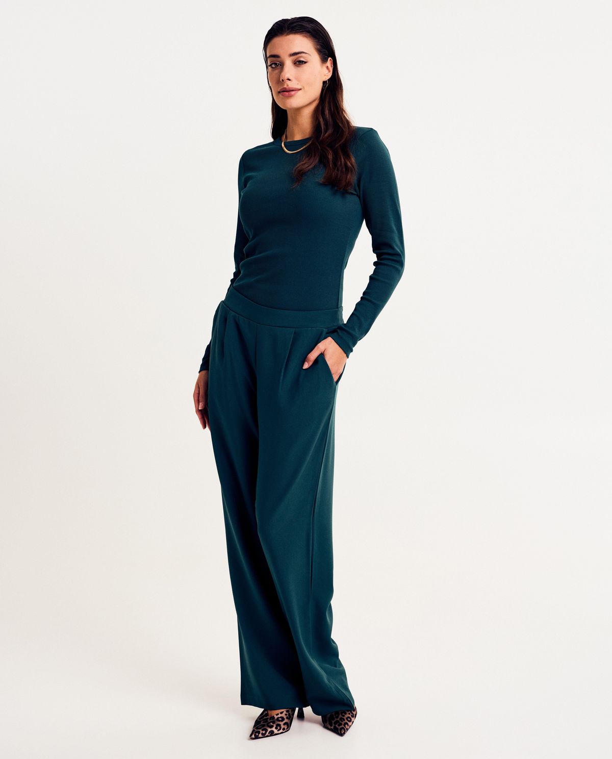 Broek met structuur, wide leg fit