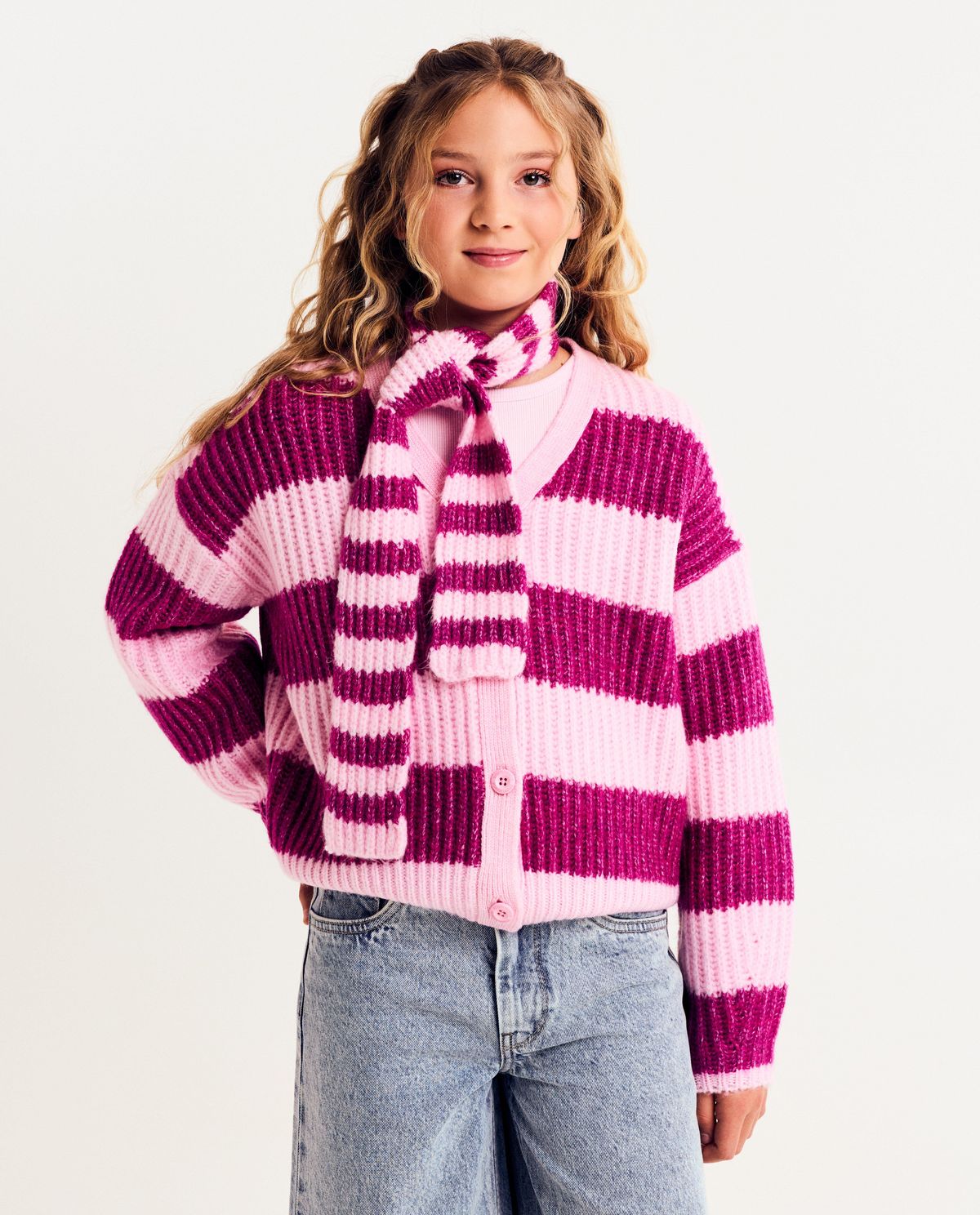 Gebreide cardigan met sjaal, oversized fit, 134-176