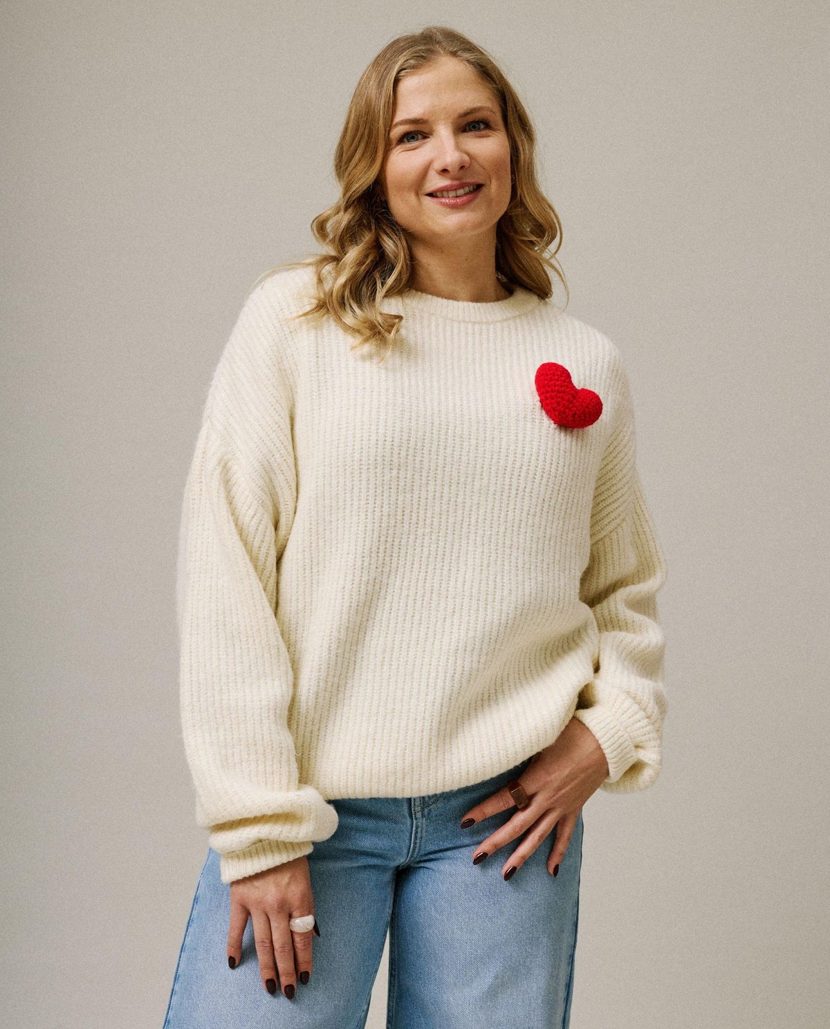 Trui met crochet hartje, loose fit, dames, XS-XL
