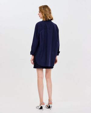 Hemden - Donkerblauwe hemdblouse met geborduurde bloemen