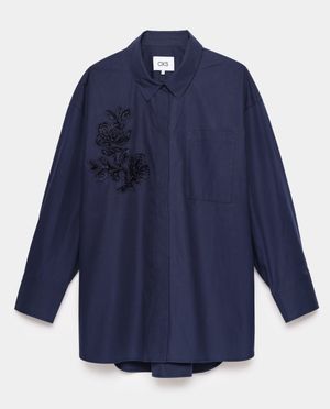 Hemden - Donkerblauwe hemdblouse met geborduurde bloemen