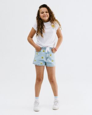 Short en jean avec smileys brod&eacute;s