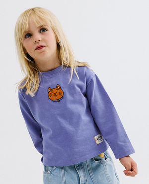 T-shirt &agrave; manches longues avec chat brod&eacute;