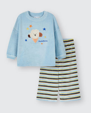 Nachtkleding - Fluwelen pyjama met geborduurde hond, unisex, 98-134
